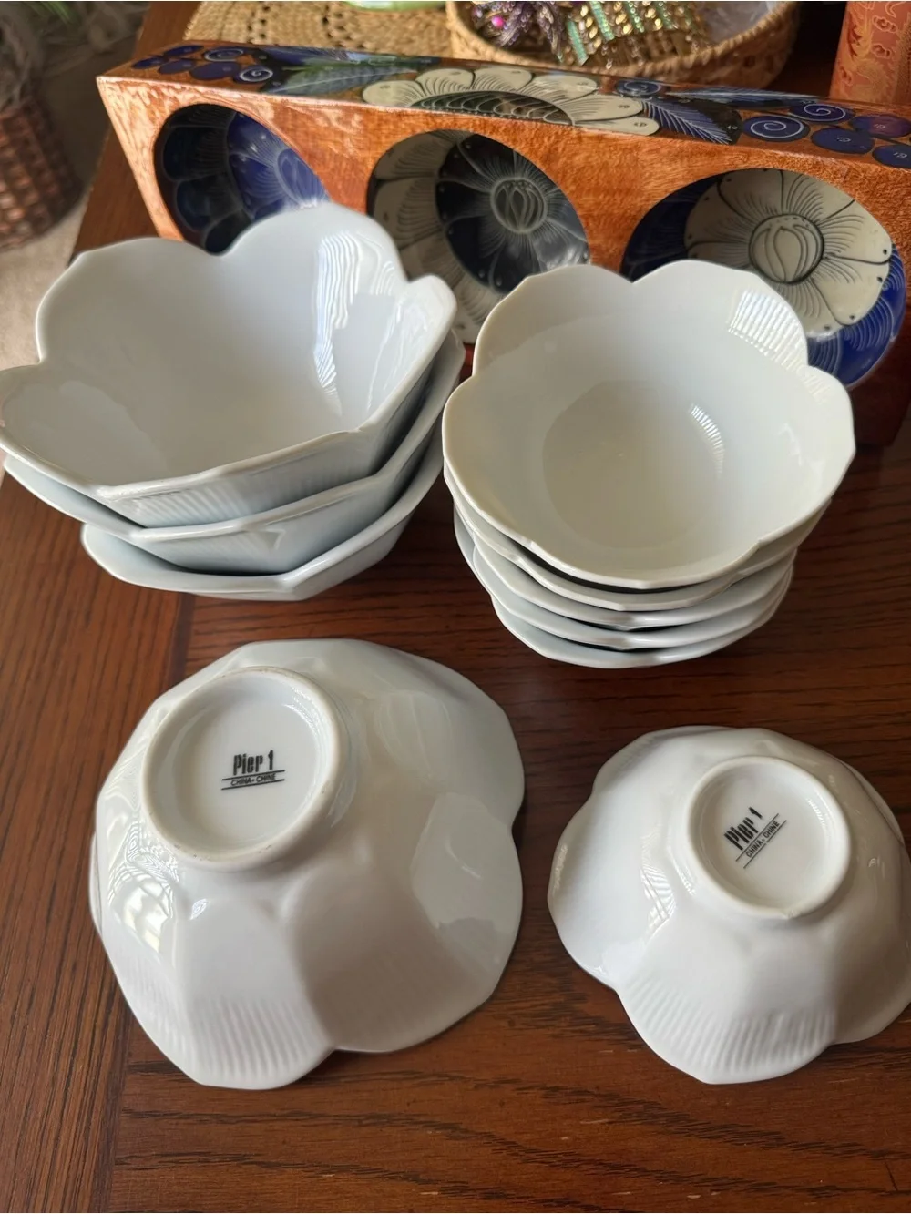 Set Of 10 Pier 1 White Porcelain Lotus 6” & 4” All Purpose Rice Bowls Flowers